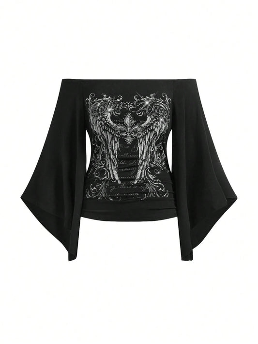 ROMWE Gothic Iris Wing Rhinestone Letter Print Asymmetrical Sleeve Plus Size Women's Top, Off-Shoulder Women's Top Fall