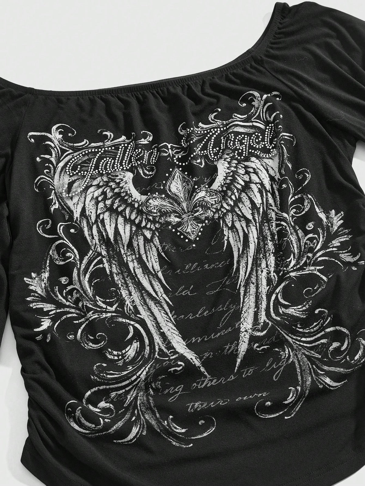 ROMWE Gothic Iris Wing Rhinestone Letter Print Asymmetrical Sleeve Plus Size Women's Top, Off-Shoulder Women's Top Fall