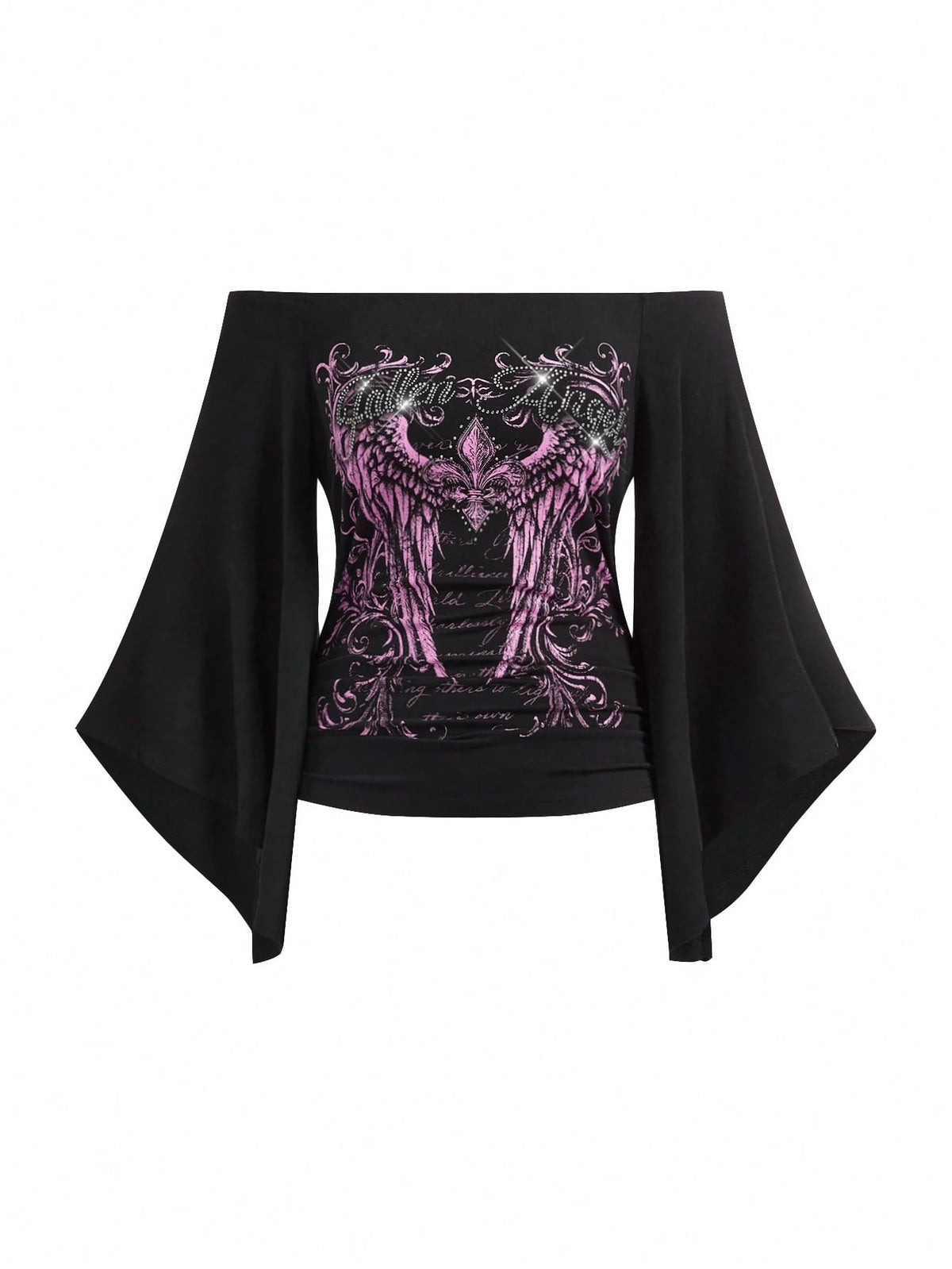 ROMWE Gothic Iris Wing Rhinestone Letter Print Asymmetrical Sleeve Plus Size Women's Top, Off-Shoulder Women's Top Fall
