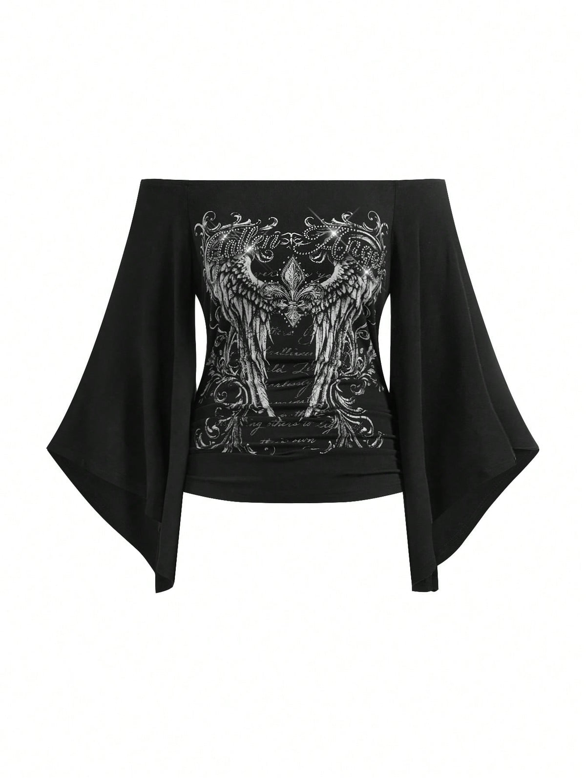 ROMWE Gothic Iris Wing Rhinestone Letter Print Asymmetrical Sleeve Plus Size Women's Top, Off-Shoulder Women's Top Fall