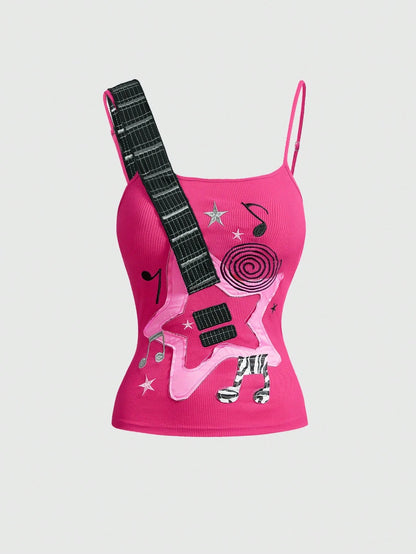 ROMWE Grunge Punk Women's Casual Versatile Daily Wear Musical Note Pattern Camisole Top