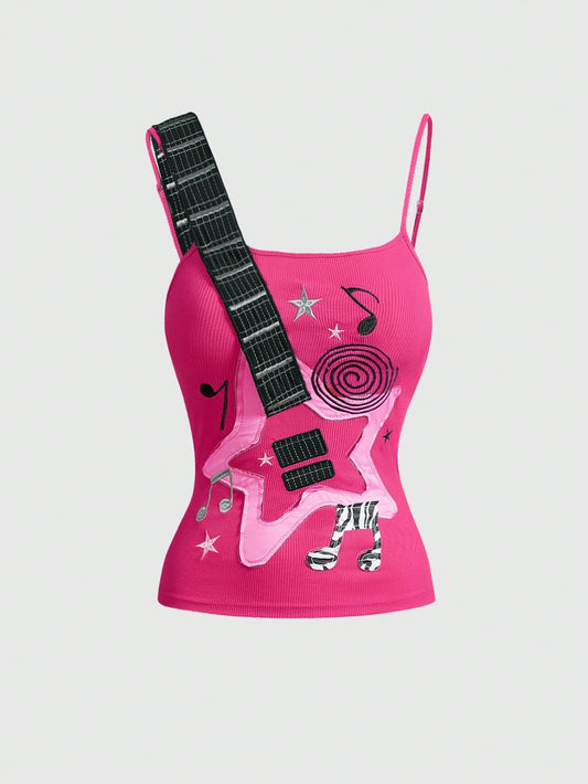 ROMWE Grunge Punk Women's Casual Versatile Daily Wear Musical Note Pattern Camisole Top