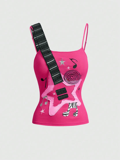ROMWE Grunge Punk Women's Casual Versatile Daily Wear Musical Note Pattern Camisole Top