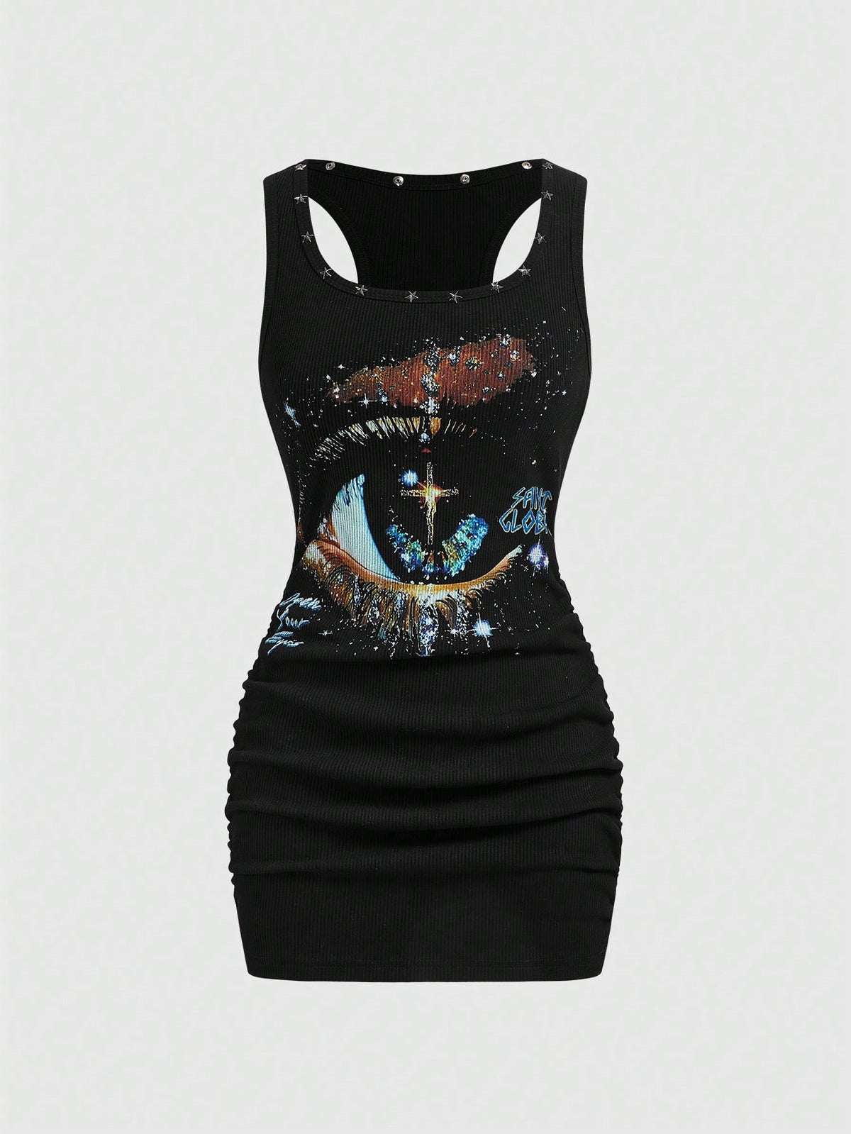 ROMWE Grunge Punk Women's Retro Baddie Unisex Streetwear Casual Star & Rivet Print Bodycon Mini Dress