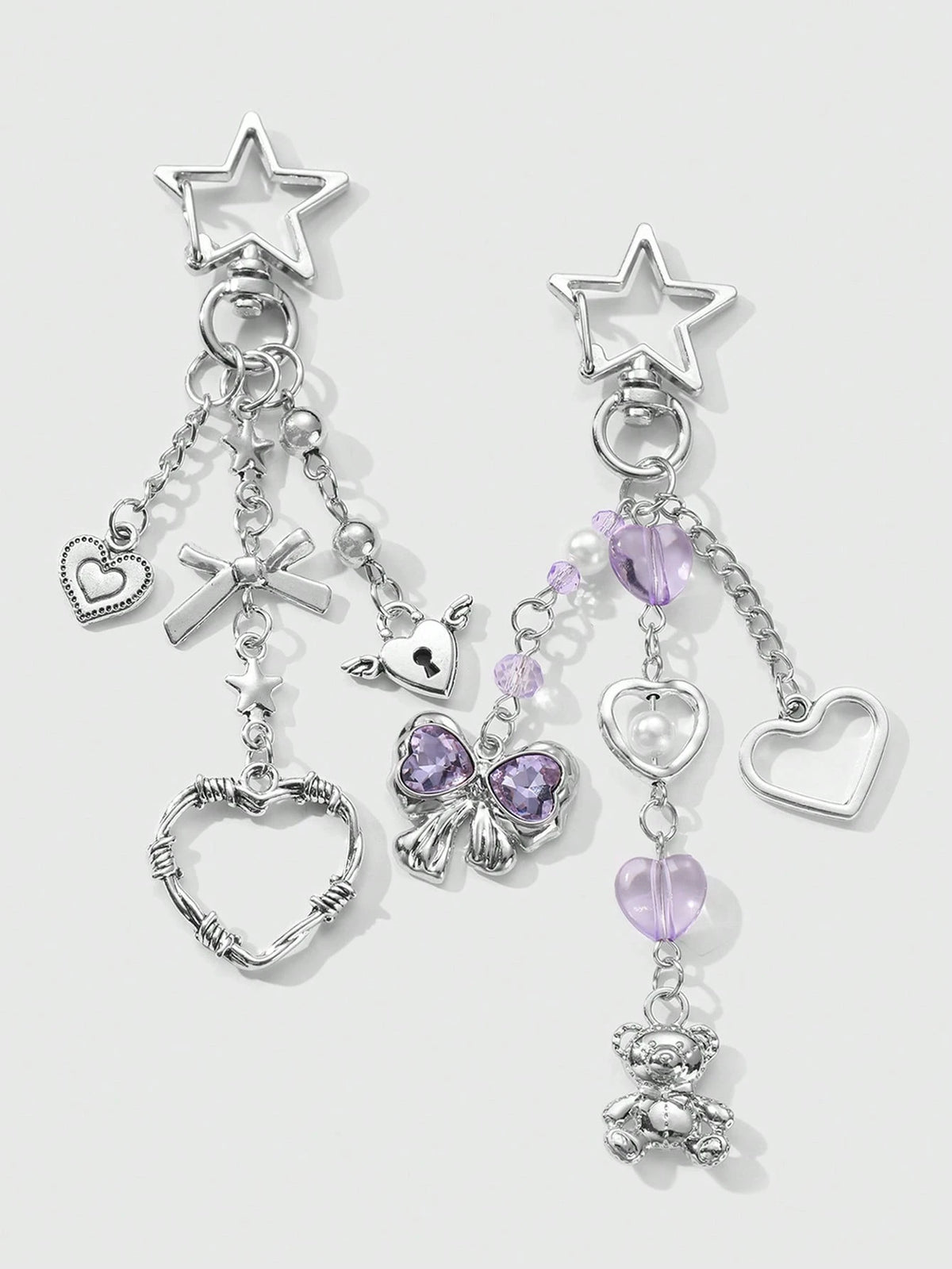 ROMWE Kawaii 2pcs Y2K Chic & Stylish Silver Star Chain Hollow Thorn Heart Crystal Bow Butterfly Wings Teddy Bear Lock Key Chain Bag Charm Combo Set, Suitable For Sisters, Girlfriends, Couples, Friends