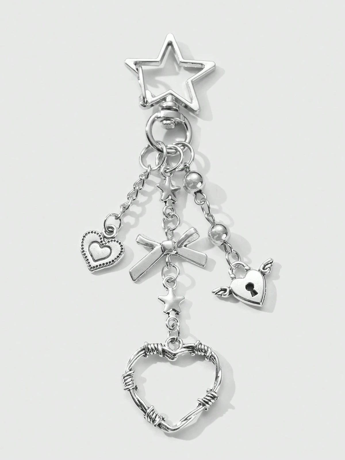 ROMWE Kawaii 2pcs Y2K Chic & Stylish Silver Star Chain Hollow Thorn Heart Crystal Bow Butterfly Wings Teddy Bear Lock Key Chain Bag Charm Combo Set, Suitable For Sisters, Girlfriends, Couples, Friends
