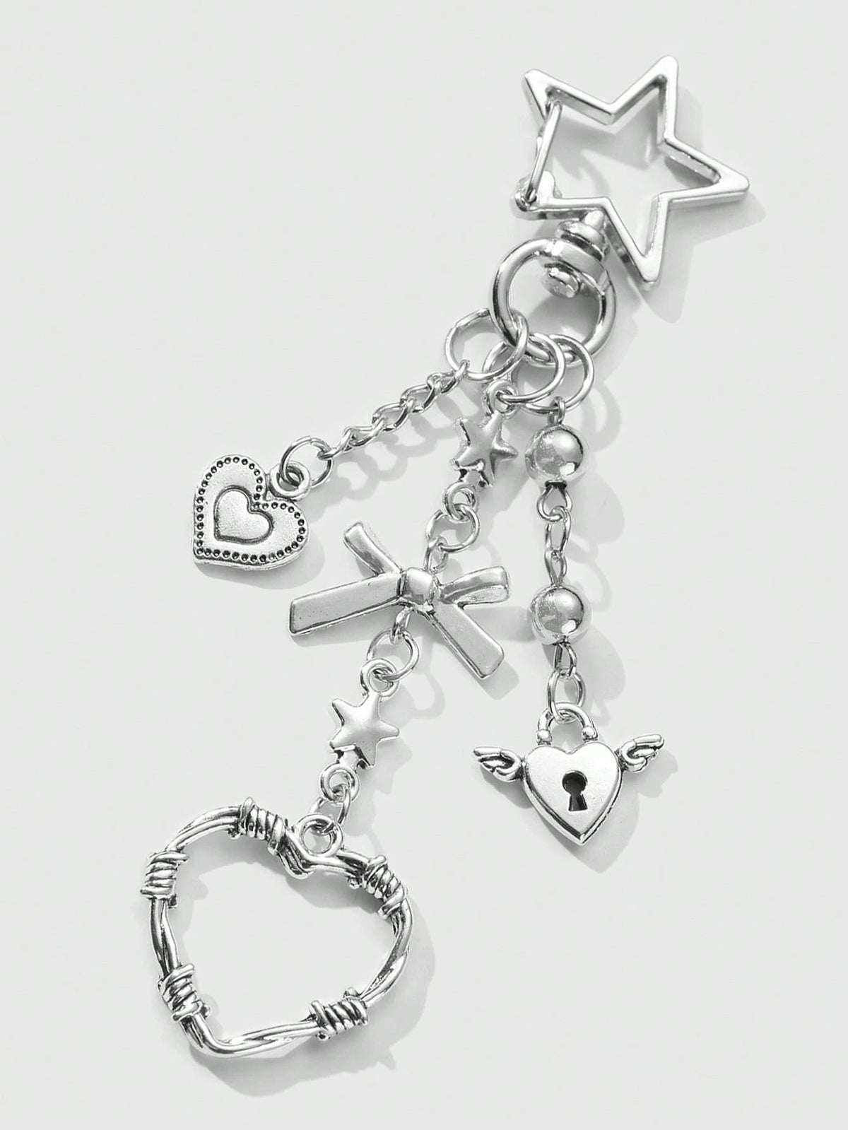 ROMWE Kawaii 2pcs Y2K Chic & Stylish Silver Star Chain Hollow Thorn Heart Crystal Bow Butterfly Wings Teddy Bear Lock Key Chain Bag Charm Combo Set, Suitable For Sisters, Girlfriends, Couples, Friends