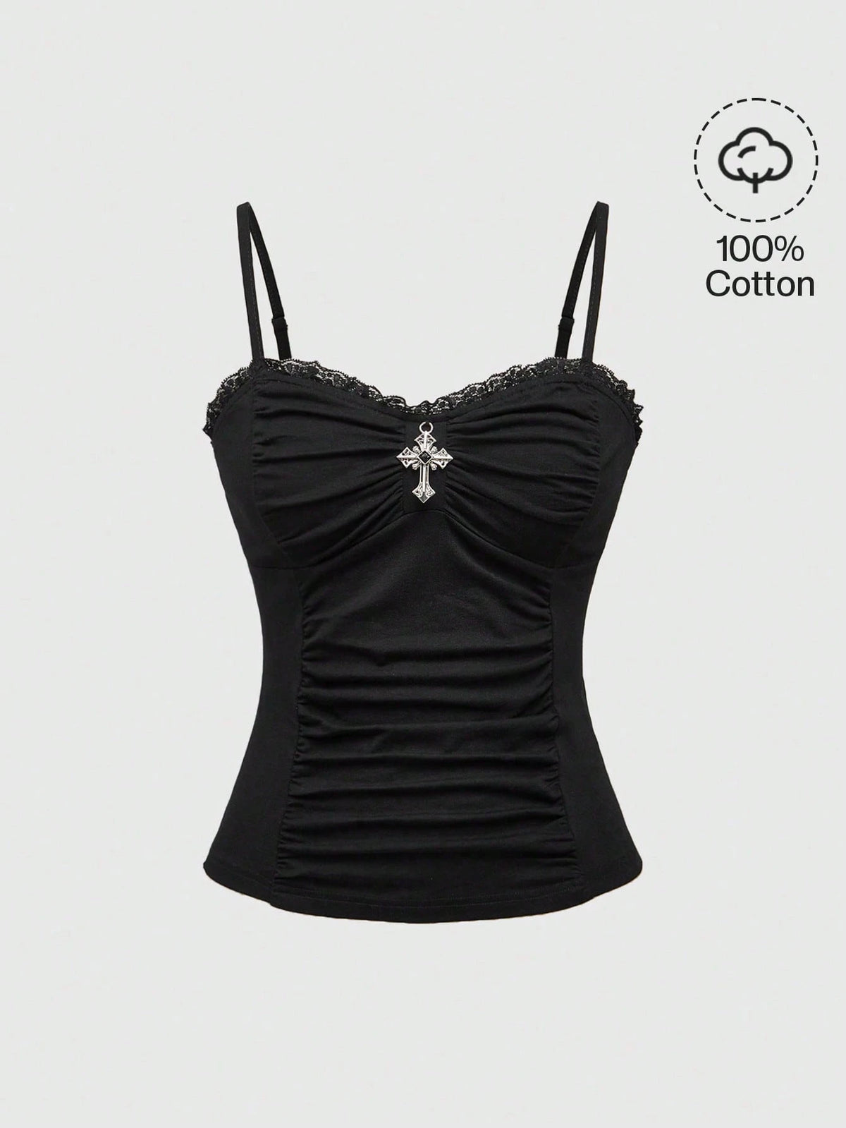 ROMWE Spring/Summer Black Goth Cross Pendant Lace Patchwork Ruched Snug Fit Women Tank Top