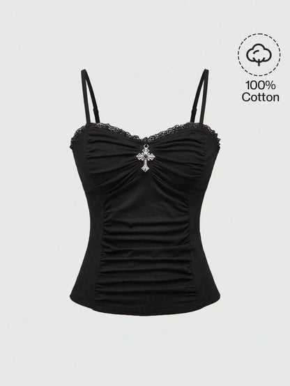 ROMWE Spring/Summer Black Goth Cross Pendant Lace Patchwork Ruched Snug Fit Women Tank Top