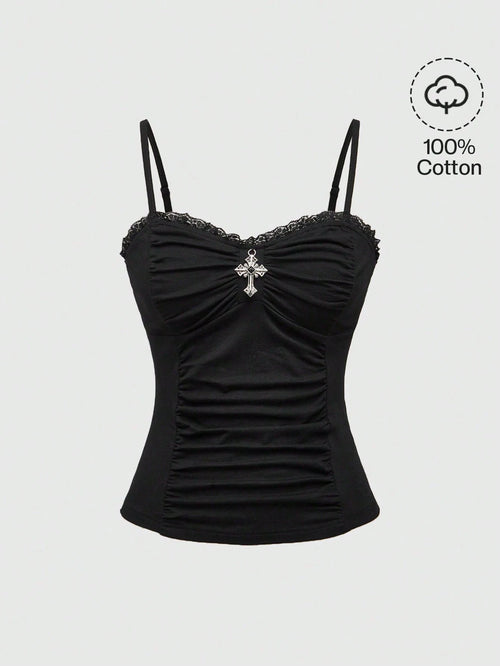 ROMWE Spring/Summer Black Goth Cross Pendant Lace Patchwork Ruched Snug Fit Women Tank Top