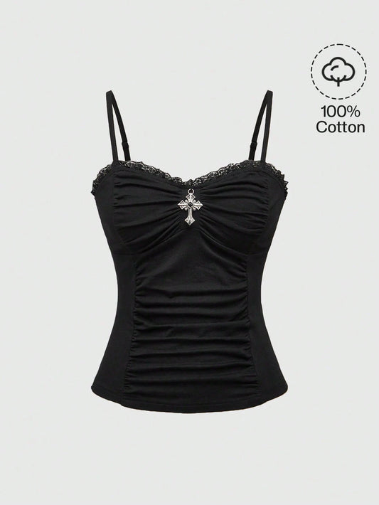 ROMWE Spring/Summer Black Goth Cross Pendant Lace Patchwork Ruched Snug Fit Women Tank Top