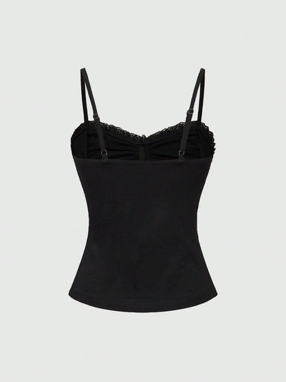 ROMWE Spring/Summer Black Goth Cross Pendant Lace Patchwork Ruched Snug Fit Women Tank Top