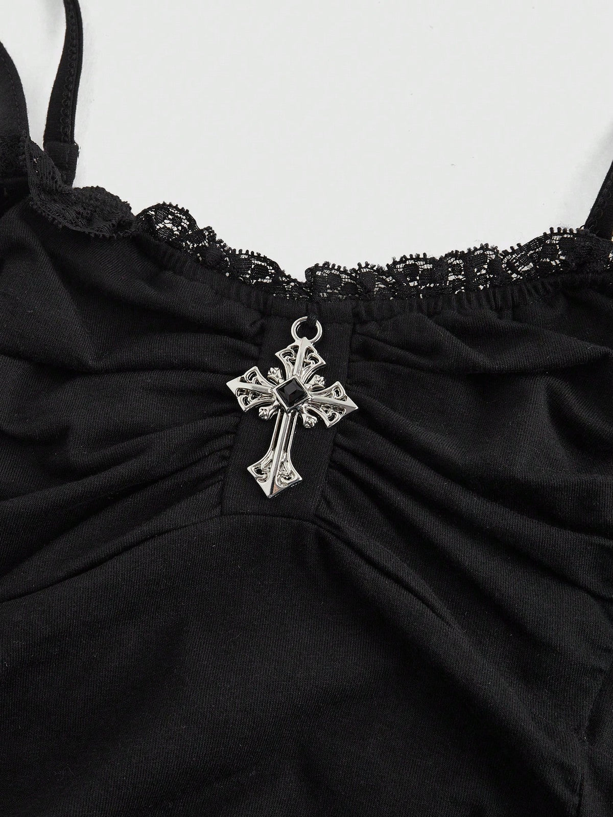 ROMWE Spring/Summer Black Goth Cross Pendant Lace Patchwork Ruched Snug Fit Women Tank Top