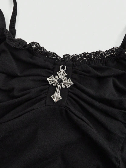 ROMWE Spring/Summer Black Goth Cross Pendant Lace Patchwork Ruched Snug Fit Women Tank Top