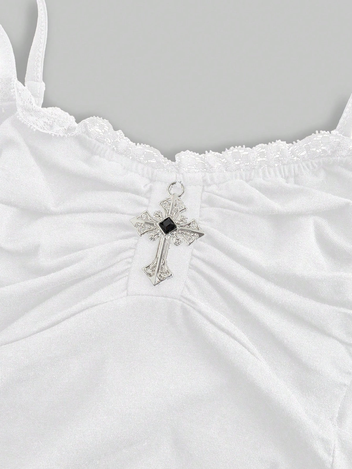 ROMWE Spring/Summer Black Goth Cross Pendant Lace Patchwork Ruched Snug Fit Women Tank Top