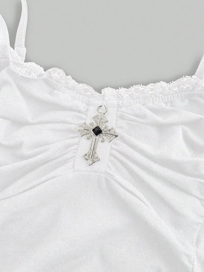 ROMWE Spring/Summer Black Goth Cross Pendant Lace Patchwork Ruched Snug Fit Women Tank Top