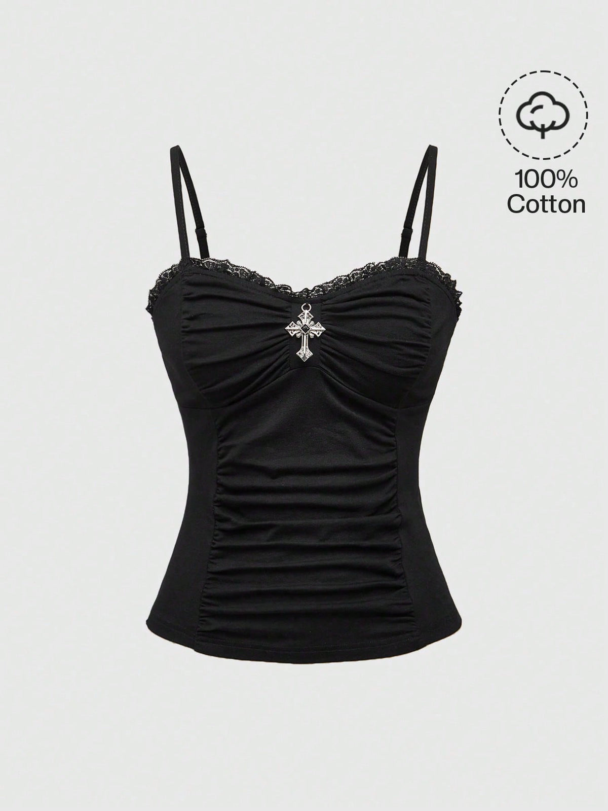 ROMWE Spring/Summer Black Goth Cross Pendant Lace Patchwork Ruched Snug Fit Women Tank Top