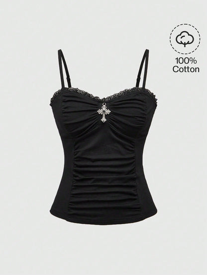 ROMWE Spring/Summer Black Goth Cross Pendant Lace Patchwork Ruched Snug Fit Women Tank Top