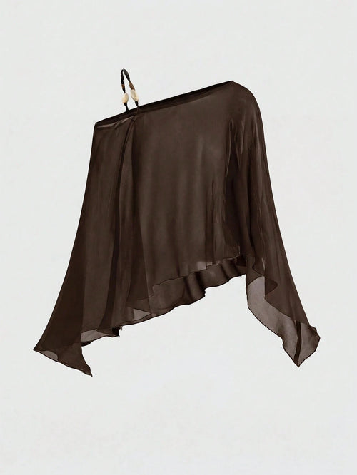 ROMWE Y2K Sexy Hot Girl Modern Solid Color Versatile Beaded Halter Neck Women's Shawl Cape Sheer Cover-Up Beach Vacation Sun Protection Clothing