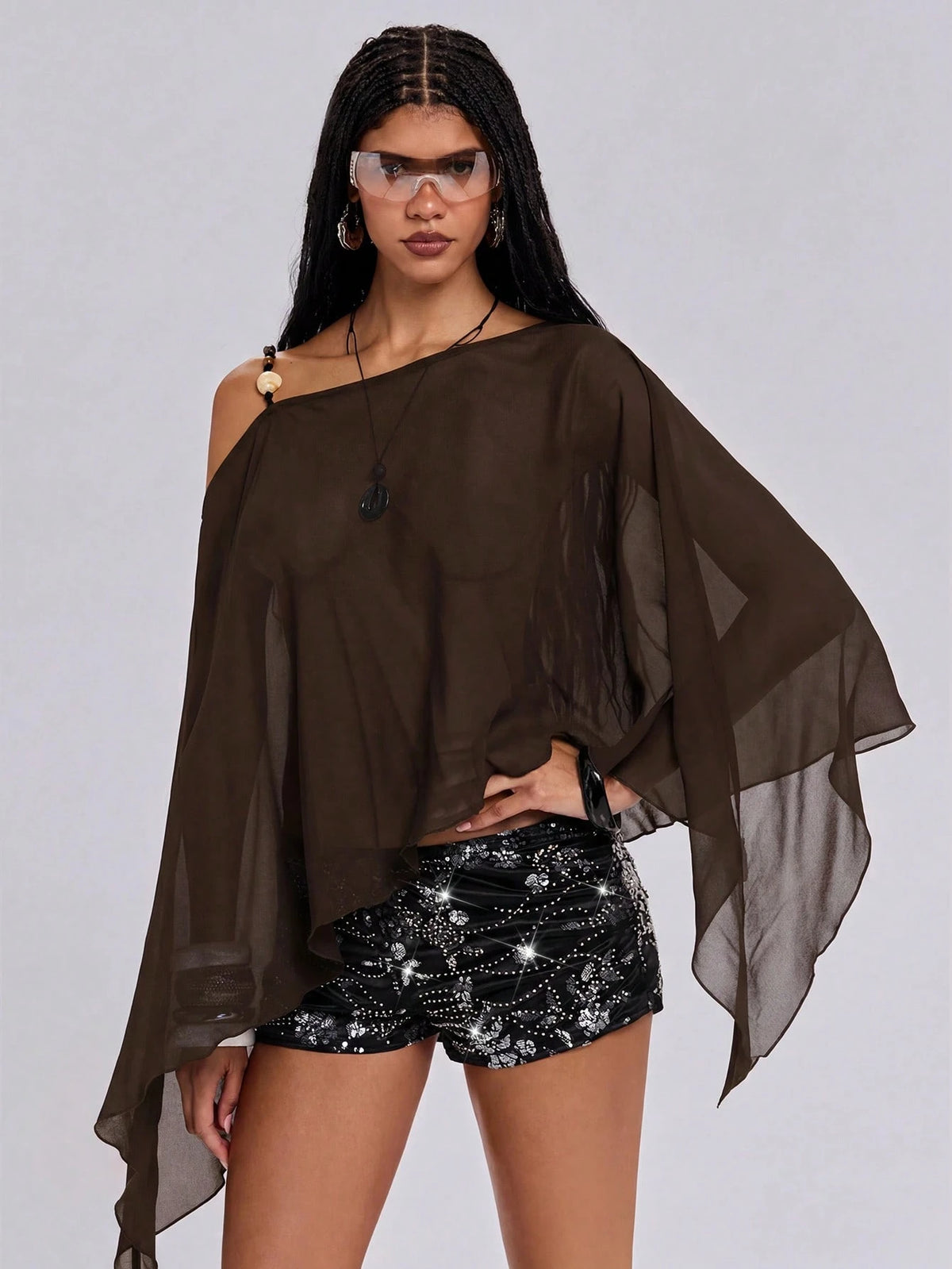ROMWE Y2K Sexy Hot Girl Modern Solid Color Versatile Beaded Halter Neck Women's Shawl Cape Sheer Cover-Up Beach Vacation Sun Protection Clothing
