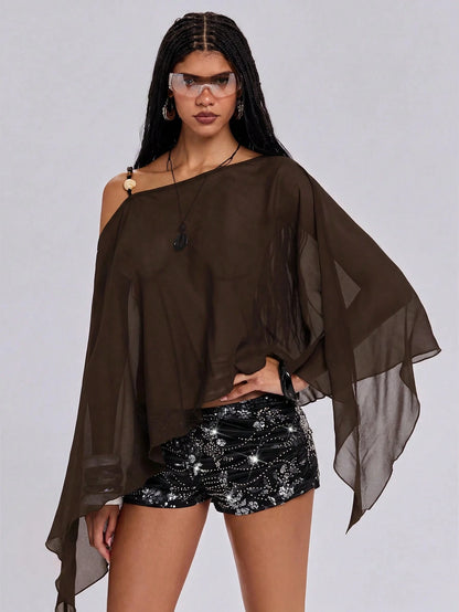 ROMWE Y2K Sexy Hot Girl Modern Solid Color Versatile Beaded Halter Neck Women's Shawl Cape Sheer Cover-Up Beach Vacation Sun Protection Clothing
