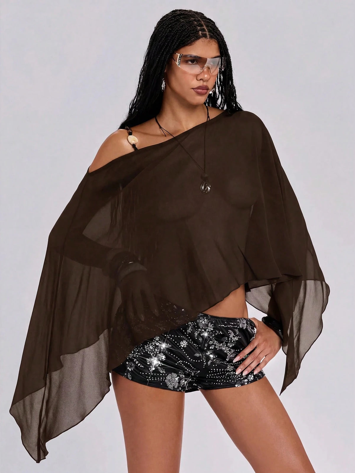 ROMWE Y2K Sexy Hot Girl Modern Solid Color Versatile Beaded Halter Neck Women's Shawl Cape Sheer Cover-Up Beach Vacation Sun Protection Clothing