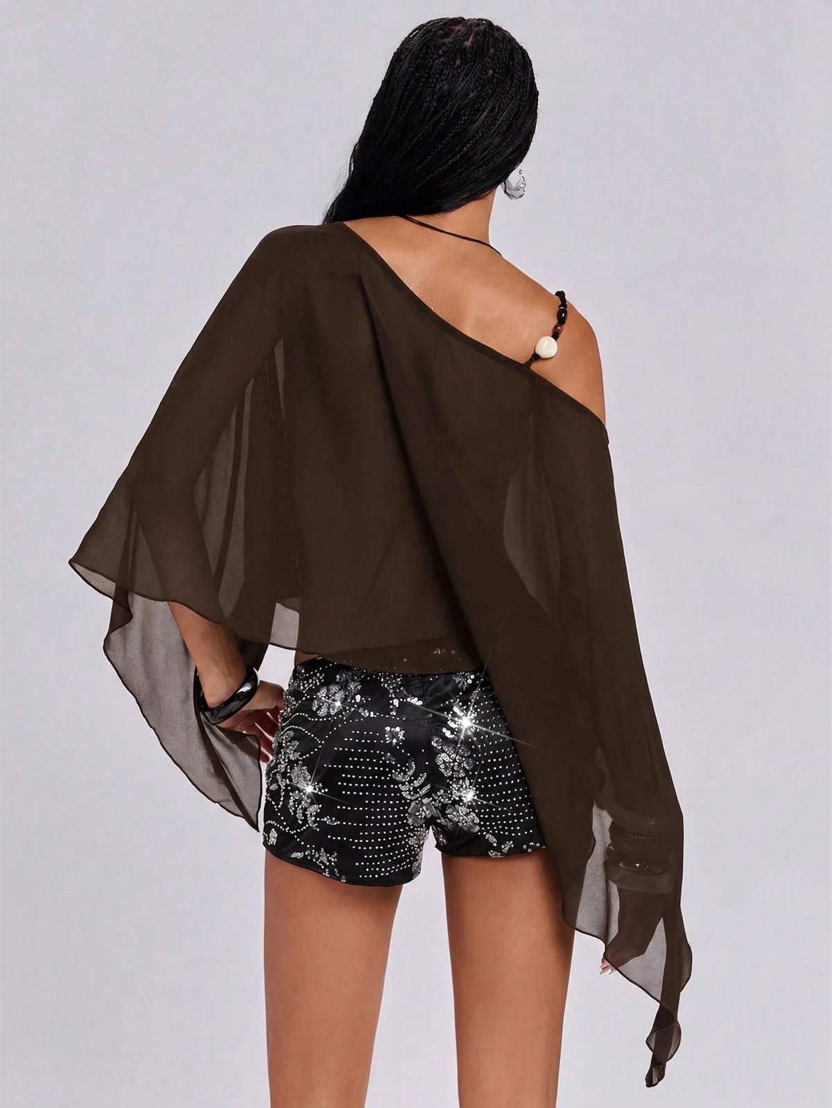 ROMWE Y2K Sexy Hot Girl Modern Solid Color Versatile Beaded Halter Neck Women's Shawl Cape Sheer Cover-Up Beach Vacation Sun Protection Clothing