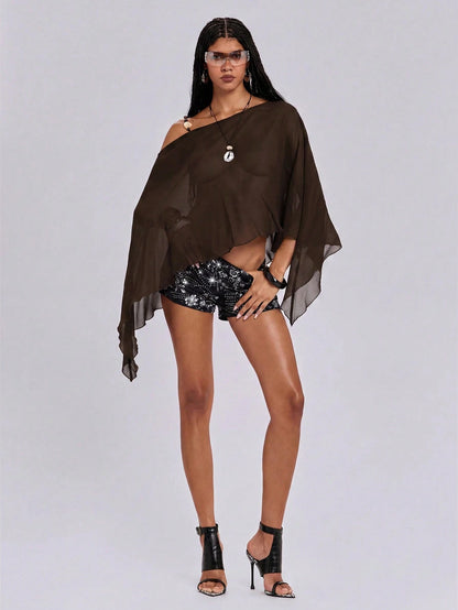 ROMWE Y2K Sexy Hot Girl Modern Solid Color Versatile Beaded Halter Neck Women's Shawl Cape Sheer Cover-Up Beach Vacation Sun Protection Clothing