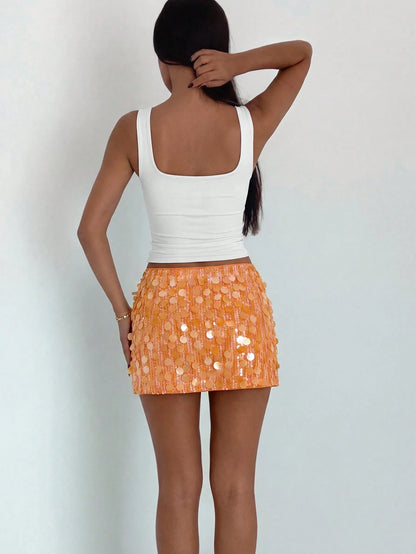 Ronhire Women's Sequin Patchwork Casual Versatile Date Night Mini Skirt,Summer Holiday Outfits,Vacation Outfits Women,Beach Vacation Outfits For Women Orange Skirt Sequin Skirt Short Skirt Beaded Skir