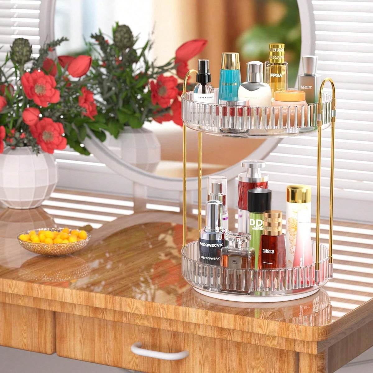 Rotating Makeup Organizer Countertop 2 Tier Lazy Susan Trays Clear Skincare Perfume Storage For Bathroom Counter Vanity.