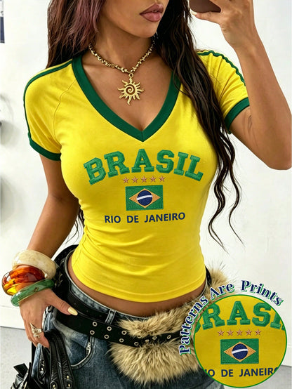 Rovax Women's Y2K Brazil Print Cropped Top, V-Neck Short Sleeve Slim Fit T-Shirt, Vintage "Rio De Janeiro Brazil" Graphic Tee, Perfect For Summer Beach, Casual Wear And Vacation Outfits