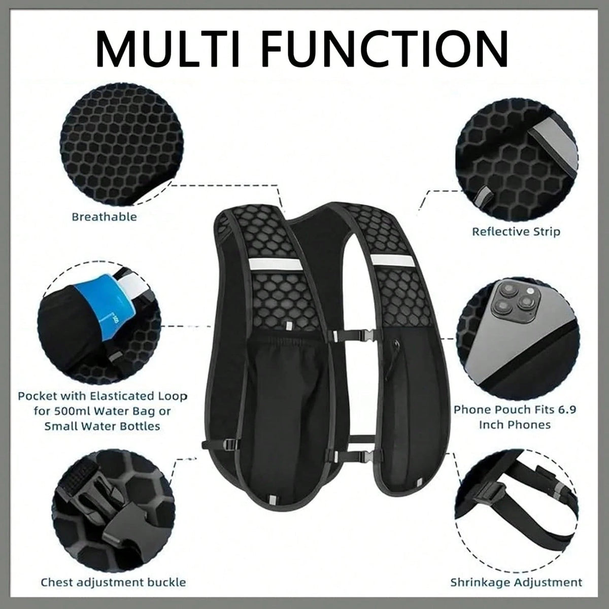 Running Vest Women Men, Black Lightweight Breathable Hydration Backpack With Adjustable Chest Straps, Reflective Running Backpack For Phone, Running, Cycling, Hiking, Trail