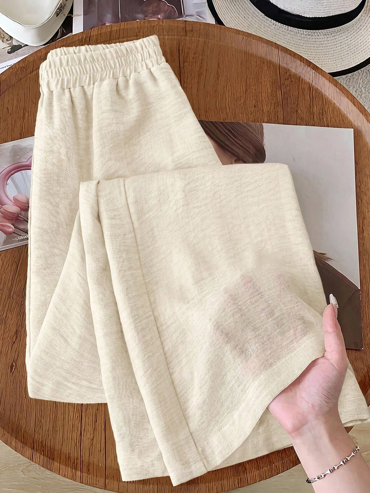 Rusticease Women's Solid Color Elastic Waist Loose Wide Leg Casual Pants, Versatile,Cargo Pants