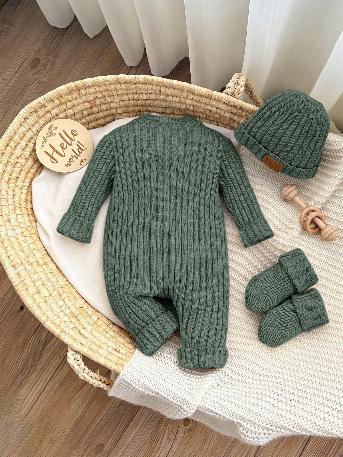 Sage Green Autumn Modest Newborn Baby Girl Boy Knitted Jumpsuit,Footie & Hat Set,Versatile Newborn Knit Outfit Photoshoot Sweater Romper Infant Gown