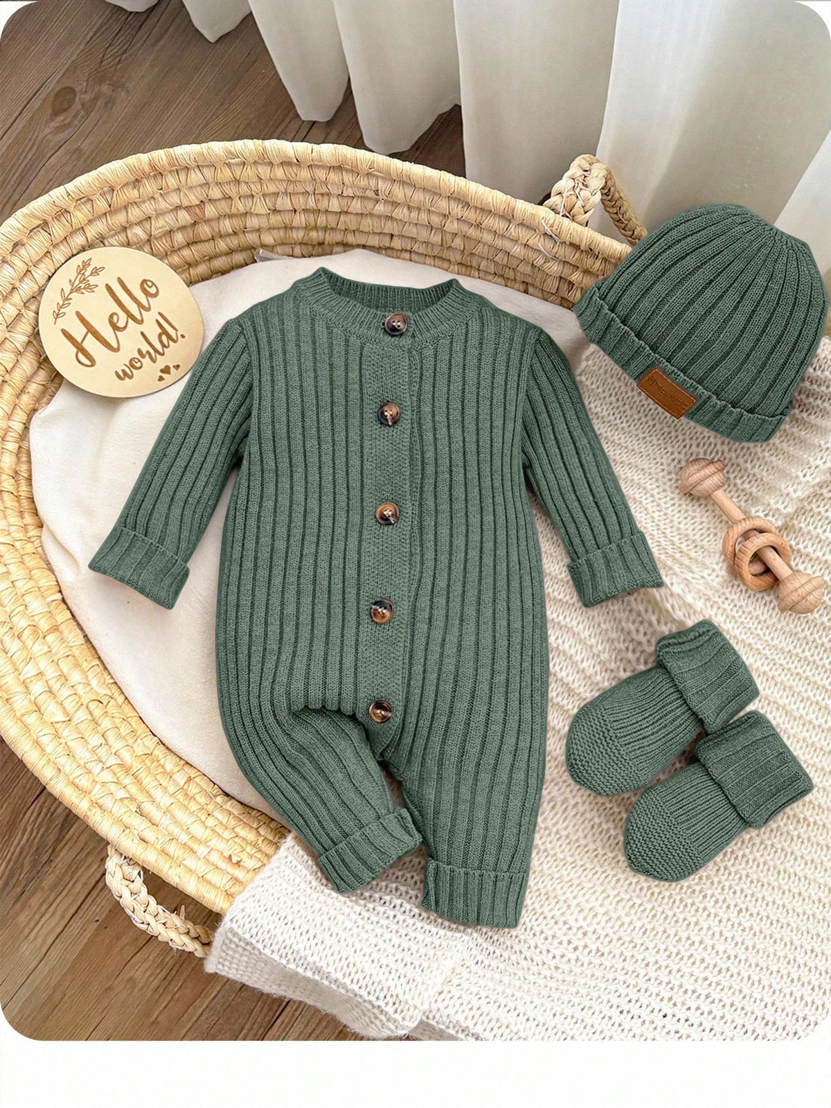 Sage Green Autumn Modest Newborn Baby Girl Boy Knitted Jumpsuit,Footie & Hat Set,Versatile Newborn Knit Outfit Photoshoot Sweater Romper Infant Gown