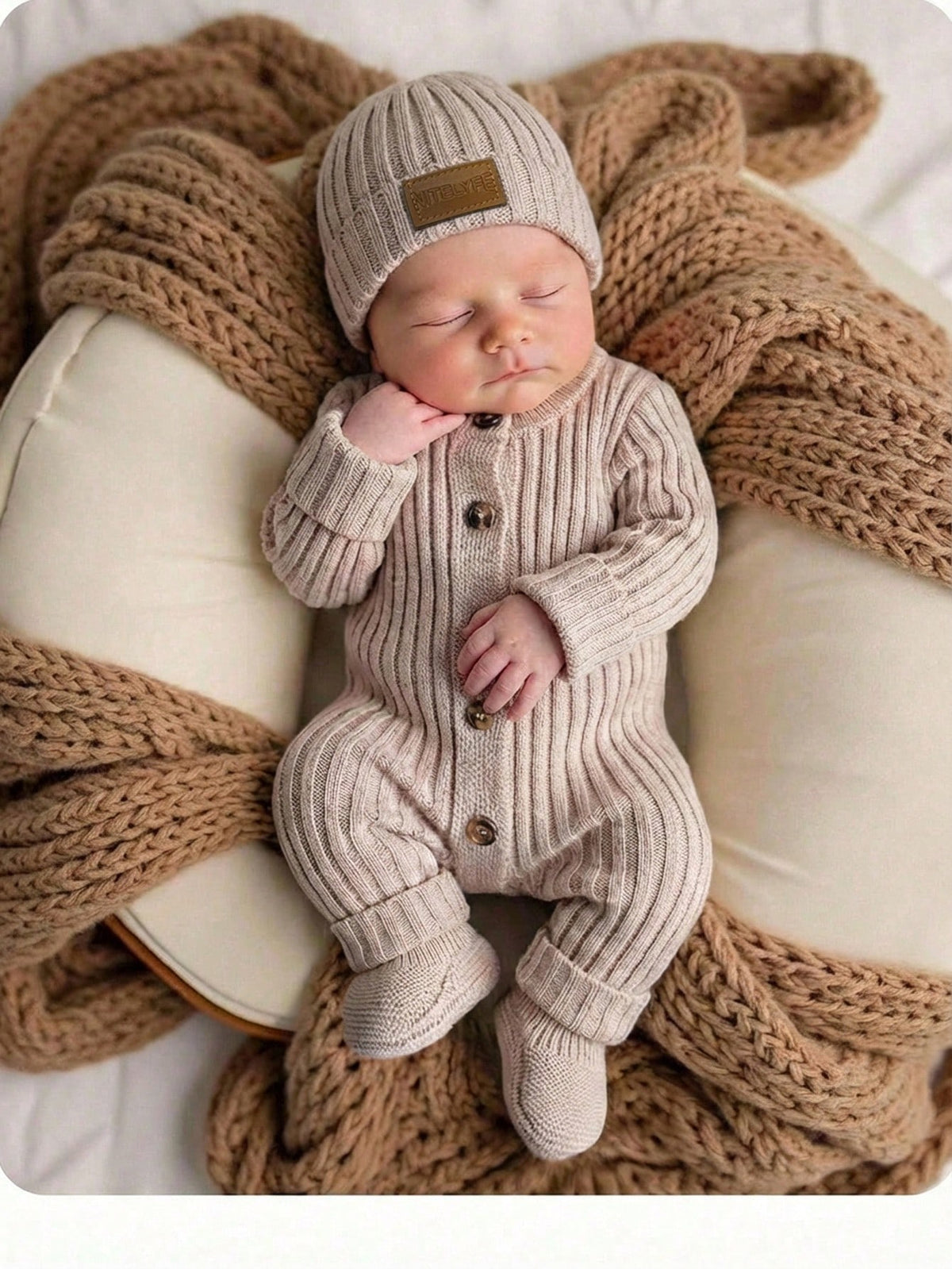 Sage Green Autumn Modest Newborn Baby Girl Boy Knitted Jumpsuit,Footie & Hat Set,Versatile Newborn Knit Outfit Photoshoot Sweater Romper Infant Gown