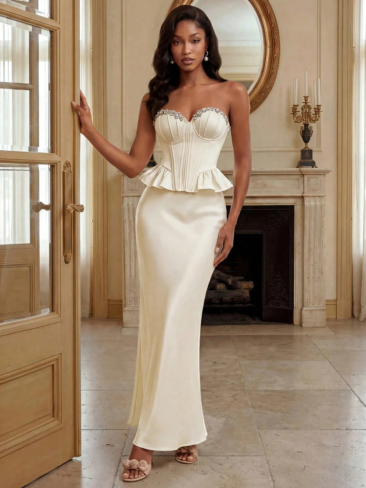 Savoree Rice Apricot Women's Elegant Romantic Date Party Satin Bustier Underwire Boning Waist-Cinched Neckline Heavy Hand-Studded Rhinestone Decor Design Hemline Ruffle Splicing Strapless Top, Wedding