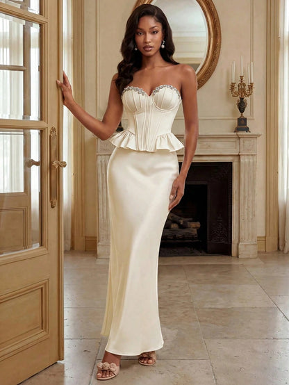Savoree Rice Apricot Women's Elegant Romantic Date Party Satin Bustier Underwire Boning Waist-Cinched Neckline Heavy Hand-Studded Rhinestone Decor Design Hemline Ruffle Splicing Strapless Top, Wedding