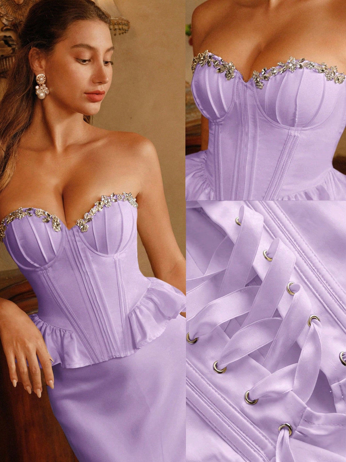 Savoree Rice Apricot Women's Elegant Romantic Date Party Satin Bustier Underwire Boning Waist-Cinched Neckline Heavy Hand-Studded Rhinestone Decor Design Hemline Ruffle Splicing Strapless Top, Wedding