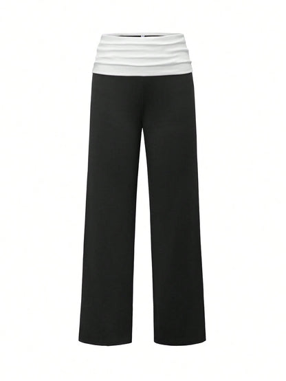 SCARLUX Summer & Autumn Y2K Women's Pure Black Flare Pants, Folded Low Waist Casual Long Pants, Suitable For Back To School Street Style