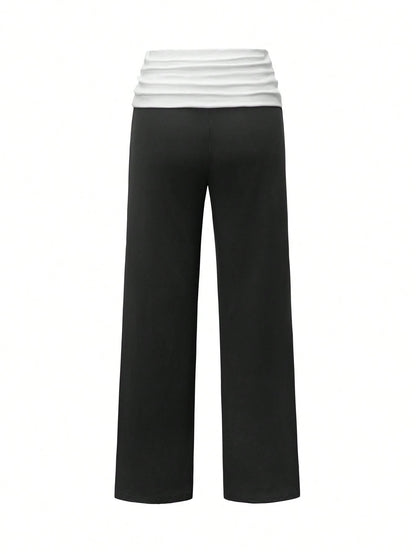 SCARLUX Summer & Autumn Y2K Women's Pure Black Flare Pants, Folded Low Waist Casual Long Pants, Suitable For Back To School Street Style