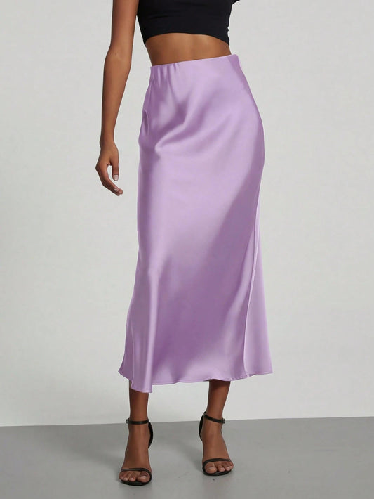 Se-Helo Fashion Women's Elastic Satin Feeling Satin Maxi Skirt- Lavender Spring