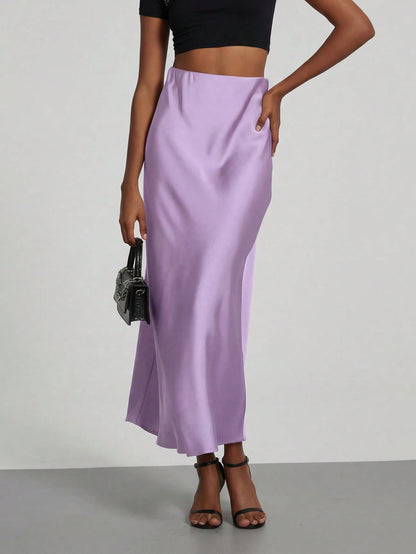 Se-Helo Fashion Women's Elastic Satin Feeling Satin Maxi Skirt- Lavender Spring
