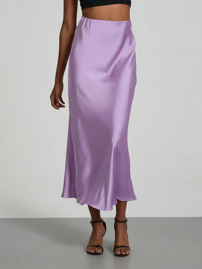 Se-Helo Fashion Women's Elastic Satin Feeling Satin Maxi Skirt- Lavender Spring