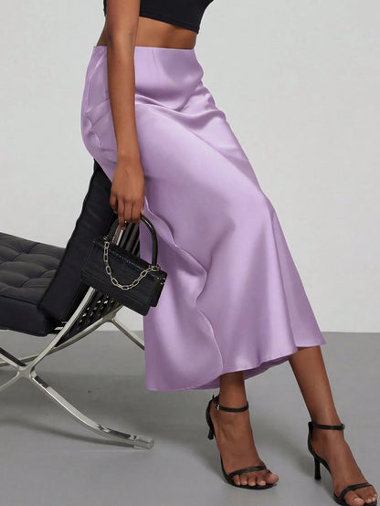 Se-Helo Fashion Women's Elastic Satin Feeling Satin Maxi Skirt- Lavender Spring