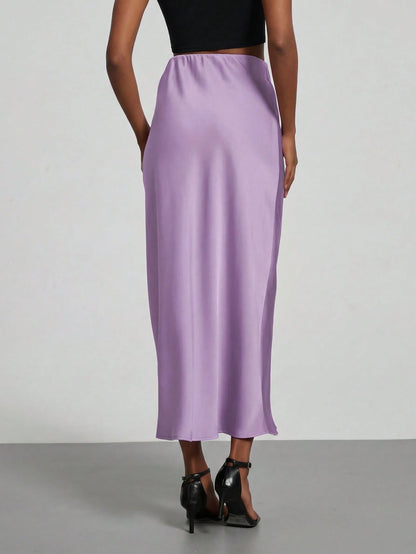 Se-Helo Fashion Women's Elastic Satin Feeling Satin Maxi Skirt- Lavender Spring