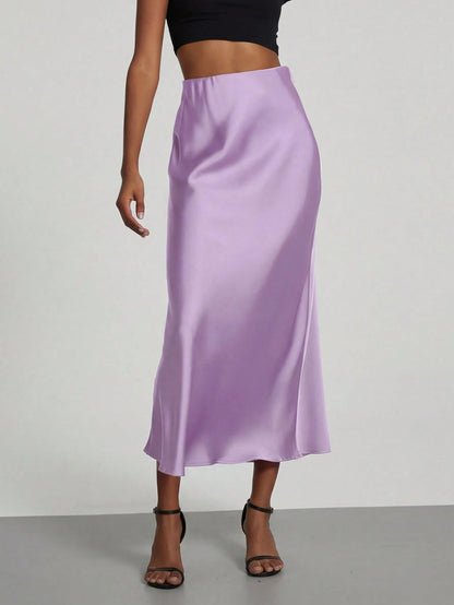Se-Helo Fashion Women's Elastic Satin Feeling Satin Maxi Skirt- Lavender Spring