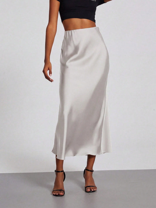 Se-Helo Women's Fashion All-Season Elastic Satin Texture Satin Midi Skirt