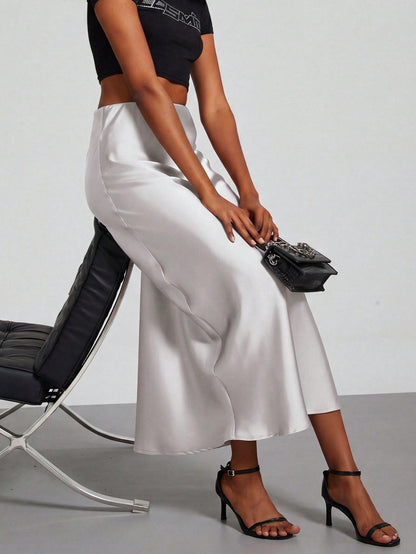 Se-Helo Women's Fashion All-Season Elastic Satin Texture Satin Midi Skirt