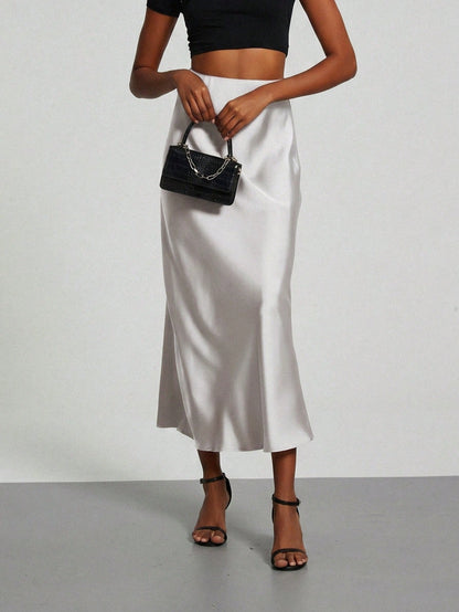Se-Helo Women's Fashion All-Season Elastic Satin Texture Satin Midi Skirt